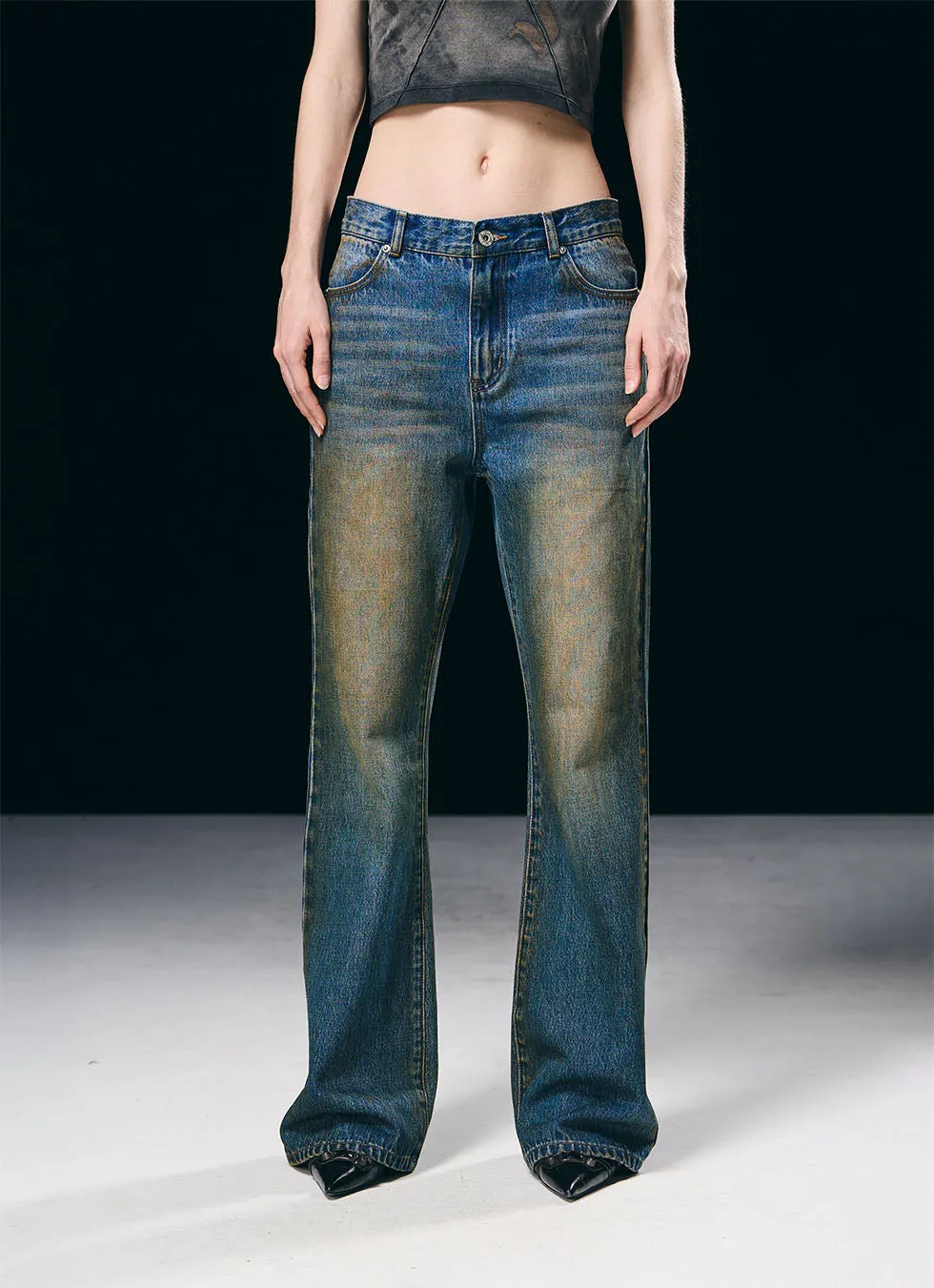 Washed Flared Mid-Rise Denim Pants