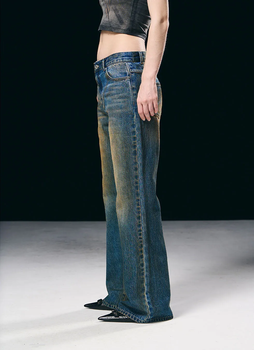 Washed Flared Mid-Rise Denim Pants