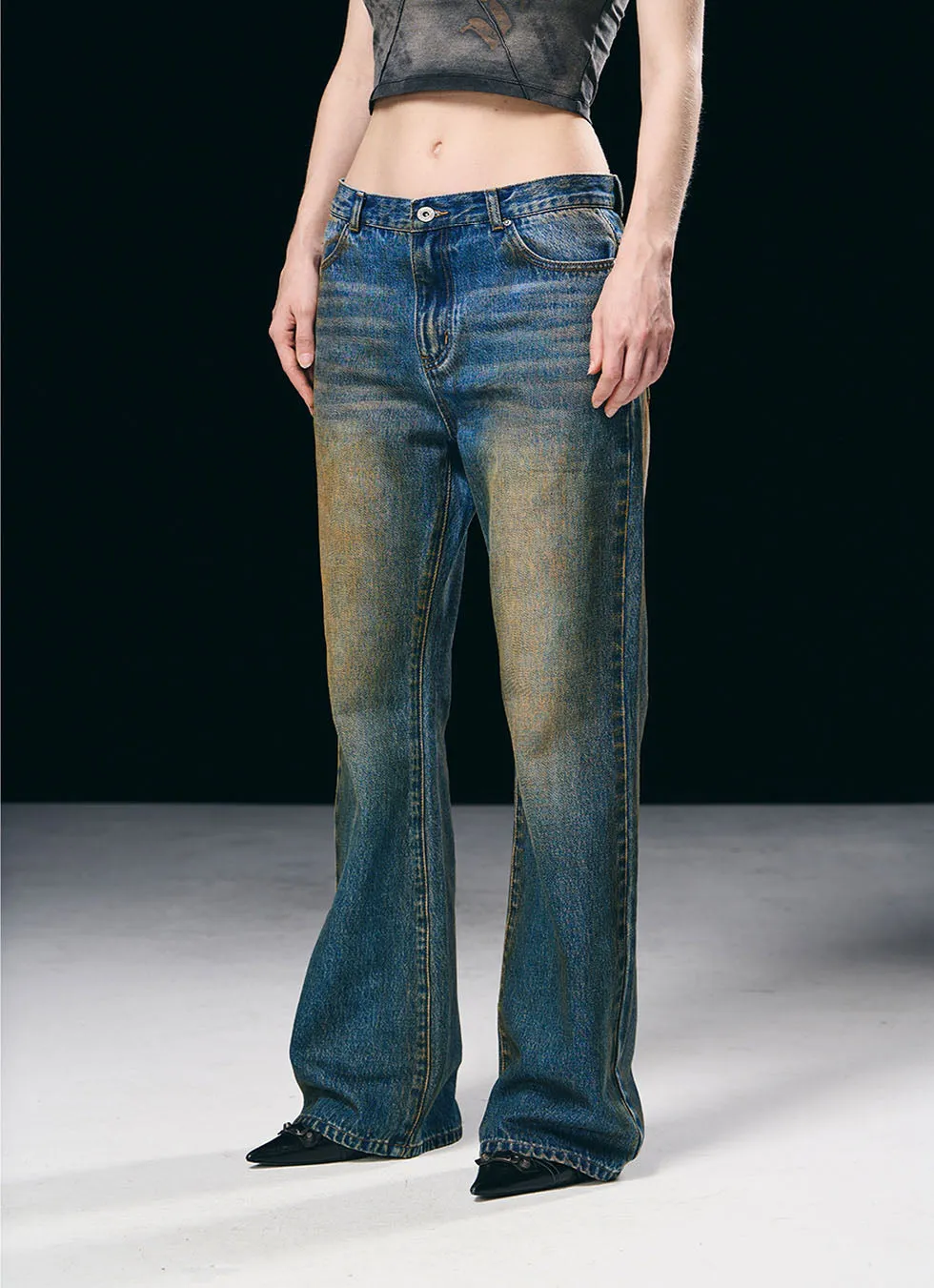 Washed Flared Mid-Rise Denim Pants