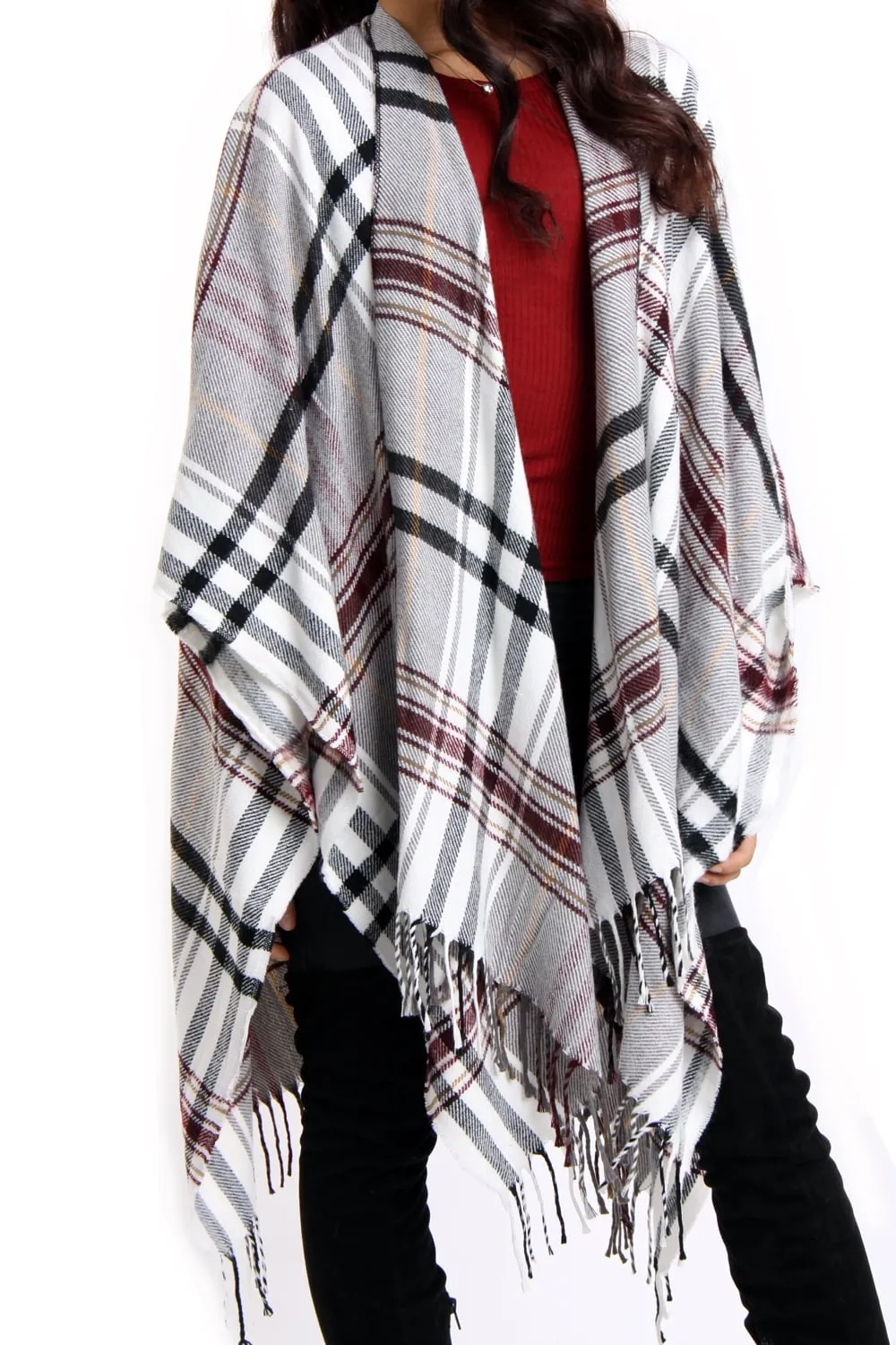 White & Burgundy Tartan Check Blanket Cape with Tassels