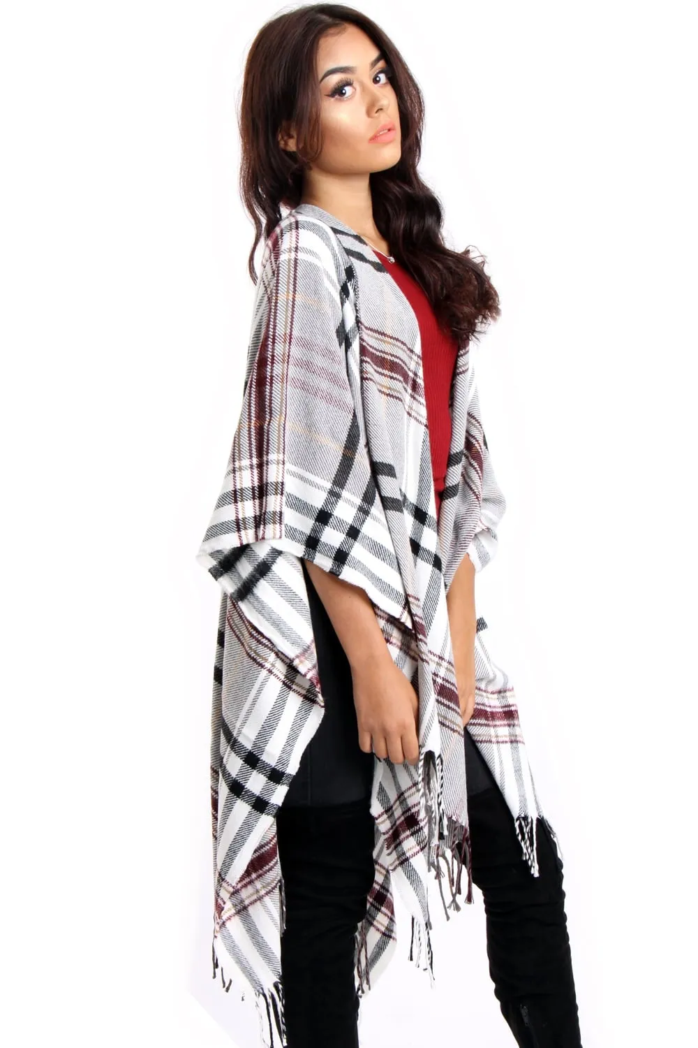 White & Burgundy Tartan Check Blanket Cape with Tassels