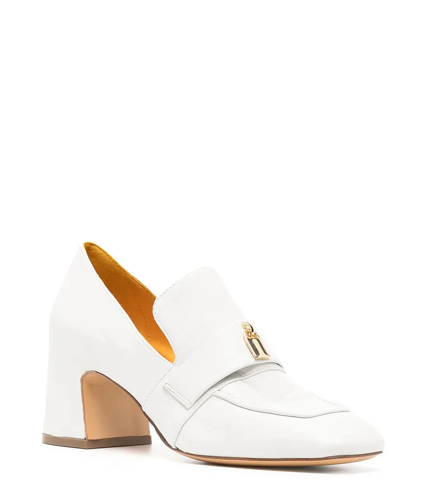 White Leather Lock Heel Loafer