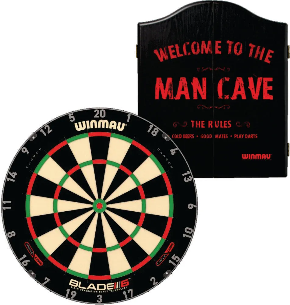 Winmau Blade 6 Triple Core Dartboard with Mancave Cabinet Plus Free Set of Darts